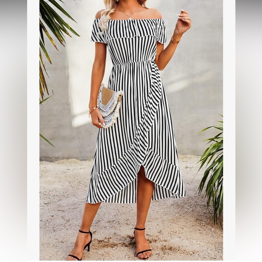 Kirundo Navy and White Striped Off-Shoulder Asymmetrical Dress Size XL